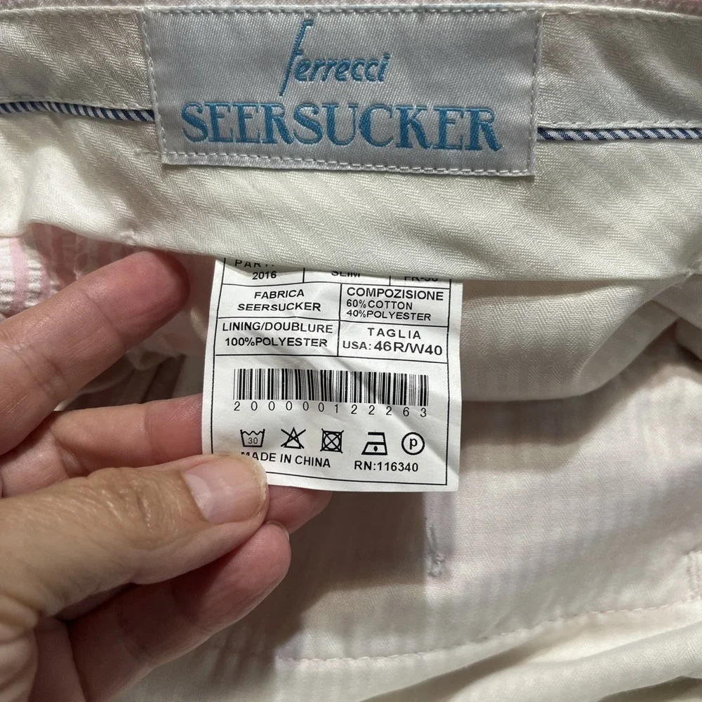 Ferrecci Seersucker Suit Double Vent 2pc Mens 46R W40 Pink Striped Classic